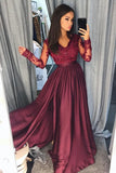 Burgundy Long Sleeves V Neck Lace Top A Line Long Prom Dresses GY140