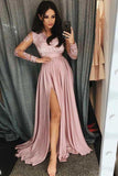 Burgundy Long Sleeves V Neck Lace Top A Line Long Prom Dresses