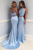 Fashion Light Blue High Neck Beading Long Prom Dress,Two Piece Mermaid Evening Dress  GY141