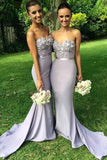 Elegant Long Mermaid Light Grey Sweetheart Appliques Beaded Bridesmaid Dresses,Prom Dress  GY142