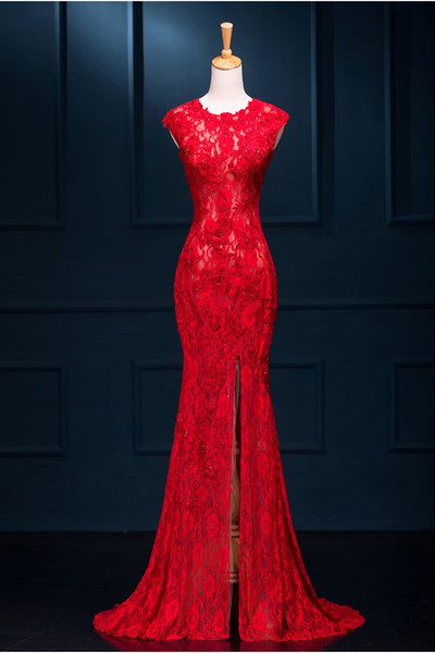 Long Sexy Red Lace See Through Split Mermaid Prom Evening Dresses  GY143