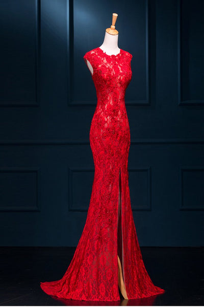 Long Sexy Red Lace See Through Split Mermaid Prom Evening Dresses  143