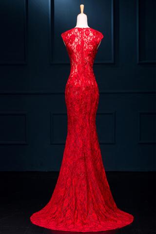 Long Sexy Red Lace See Through Split Mermaid Prom Evening Dresses 