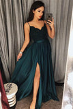 Dark Green Spaghetti Straps Split Lace Long Prom Dress  GY144