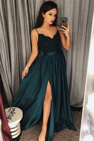 Dark Green Spaghetti Straps Split Lace Long Prom Dress  GY144