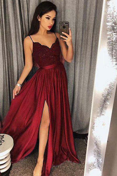 Dark Green Spaghetti Straps Split Lace Long Prom Dress 