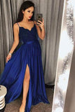 Dark Green Spaghetti Straps Split Lace Long Prom Dress 