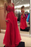 Spaghetti Strap Red Chiffon Evening Dress,Formal Beading Prom Dress  GY145