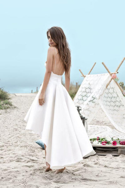 Charming Spaghetti Straps V Neck Long High Low Wedding Dresses,White Short Homecoming Dress