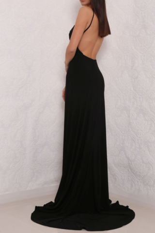 Sexy High Slit Black Open Back Prom Dresses, Elegant Long Black Woman Evening Gown