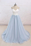 Baby Blue Tulle Long Simple Flower Senior Prom Dress With White Top,Long Tulle Evening Dress  GY152