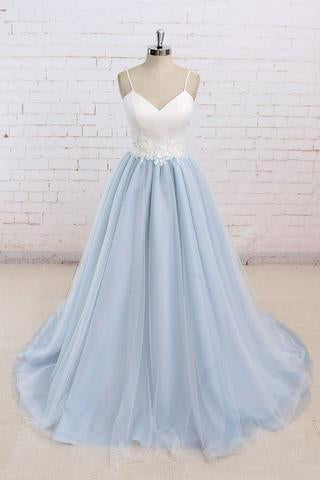 Baby Blue Tulle Long Simple Flower Senior Prom Dress With White Top,Long Tulle Evening Dress  GY152