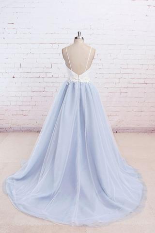 Baby Blue Tulle Long Simple Flower Senior Prom Dress With White Top,Long Tulle Evening Dress 