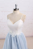 Baby Blue Tulle Long Simple Flower Senior Prom Dress With White Top,Long Tulle Evening Dress 