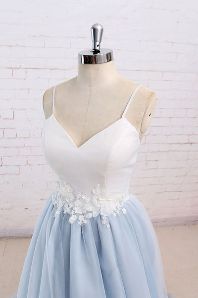 Baby Blue Tulle Long Simple Flower Senior Prom Dress With White Top,Long Tulle Evening Dress 
