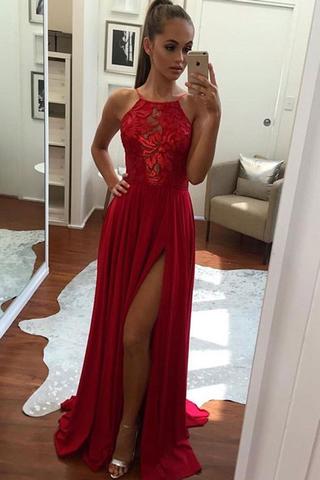 Unique A-Line Halter Split-Front Prom Gown,Chiffon Long Evening Dress,Sexy Prom Dresses  GY153