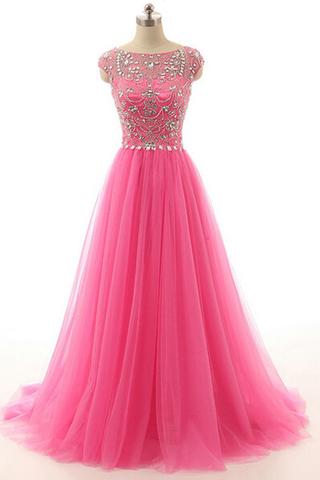 Hot Pink Beaded Long Zipper Modest Evening Prom Dresses  GY156