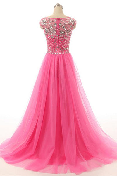 Hot Pink Beaded Long Zipper Modest Evening Prom Dresses 