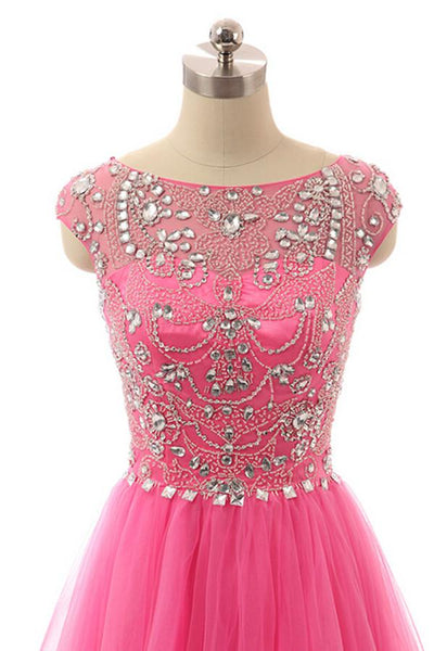 Hot Pink Beaded Long Zipper Modest Evening Prom Dresses 