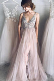 -Line Deep V-Neck Tulle Prom Dress,Long Evening Dress with Beading GY158