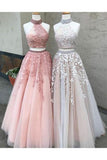 New A Line Two Pieces High Neckline Long Lace Formal Prom Dress