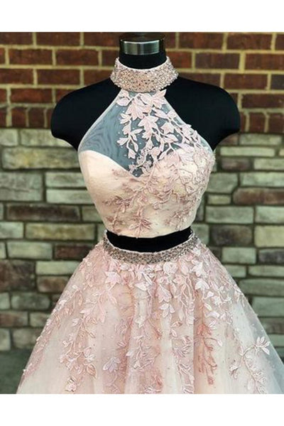 New A Line Two Pieces High Neckline Long Lace Formal Prom Dress