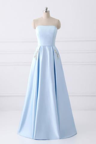 Simple A-line Strapless Long Crystal Light Blue Cheap Prom Dresses with Pocket  GY161