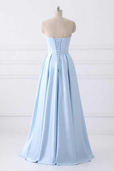 Simple A-line Strapless Long Crystal Light Blue Cheap Prom Dresses with Pocket 