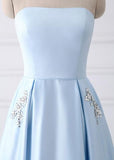 Simple A-line Strapless Long Crystal Light Blue Cheap Prom Dresses with Pocket 