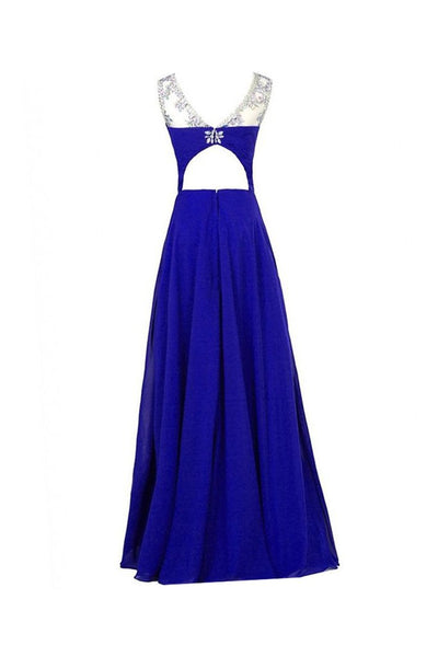 Chiffon Royal Blue Beaded Long Prom Evening Dresses 