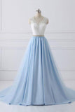 Sky Blue Long V Neck Evening Dress with Beaded Belt,Lace Top Long Prom Dress  GY164