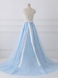 Sky Blue Long V Neck Evening Dress with Beaded Belt,Lace Top Long Prom Dress 