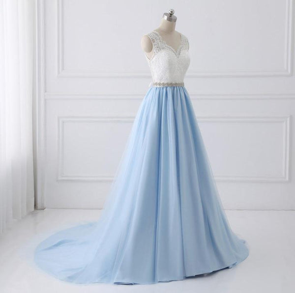 Sky Blue Long V Neck Evening Dress with Beaded Belt,Lace Top Long Prom Dress 
