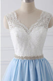 Sky Blue Long V Neck Evening Dress with Beaded Belt,Lace Top Long Prom Dress 