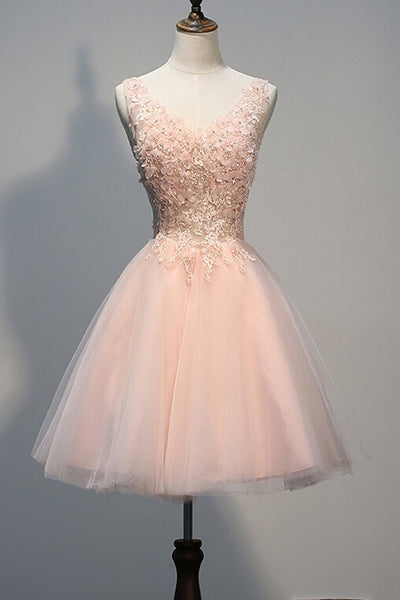 Blush Pink Lace Beaded Backless V-neck Homecoming Dresses GY170