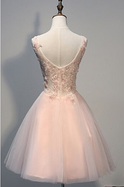 Blush Pink Lace Beaded Backless V-neck Homecoming Dresses