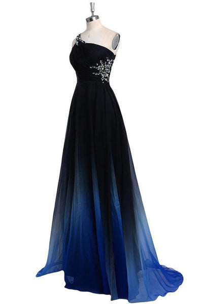 Ombre Chiffon A Line Sweep Train One Shoulder Sleeveless Beading Prom Dress GY171
