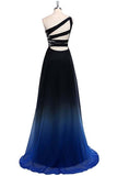 Ombre Chiffon A Line Sweep Train One Shoulder Sleeveless Beading Prom Dress