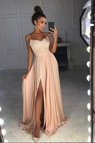 Simple Spaghetti Straps Lace Top Side Split Long A Line Prom Dresses  GY172