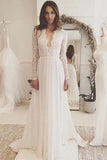 Off White Chiffon Long Sleeves Wedding Dress,Simple A Line V Neck Lace Prom Dress GY173
