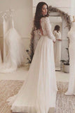 Off White Chiffon Long Sleeves Wedding Dress,Simple A Line V Neck Lace Prom Dress