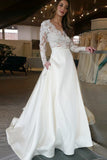 Elegant A-Line V-Neck Long Sleeves Off White Floor Length Prom/Wedding Dress With Lace Top GY174