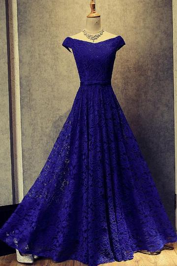 Royal Blue A Line Off Shoulder Lace Long Prom Dresses Evening Dresses  GY176