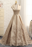A-line V-neck Cap Sleeves Satin Appliques Lace Prom Gown Long Formal Evening Dresses GY179