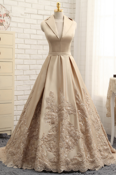 A-line V-neck Cap Sleeves Satin Appliques Lace Prom Gown Long Formal Evening Dresses GY179