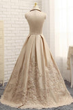 A-line V-neck Cap Sleeves Satin Appliques Lace Prom Gown Long Formal Evening Dresses