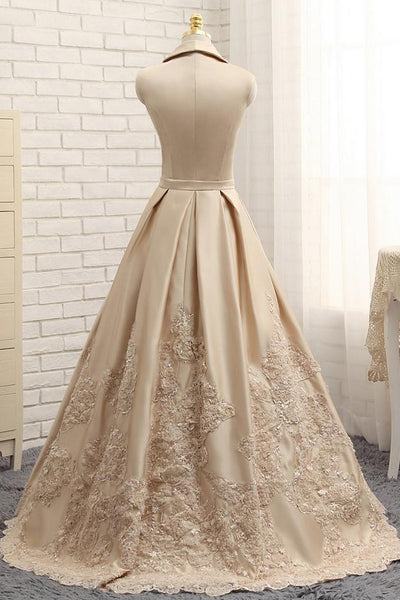 A-line V-neck Cap Sleeves Satin Appliques Lace Prom Gown Long Formal Evening Dresses