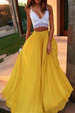 Two Pieces Yellow White Long A Line Sexy Prom Dresses,Lace Formal Evening Gown  GY180