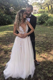 Floral Open Back Deep V-neck Straps Tulle Appliques Prom Dress,, Floral Princess Wedding Dress