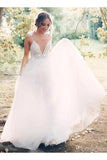Floral Open Back Deep V-neck Straps Tulle Appliques Prom Dress,, Floral Princess Wedding Dress